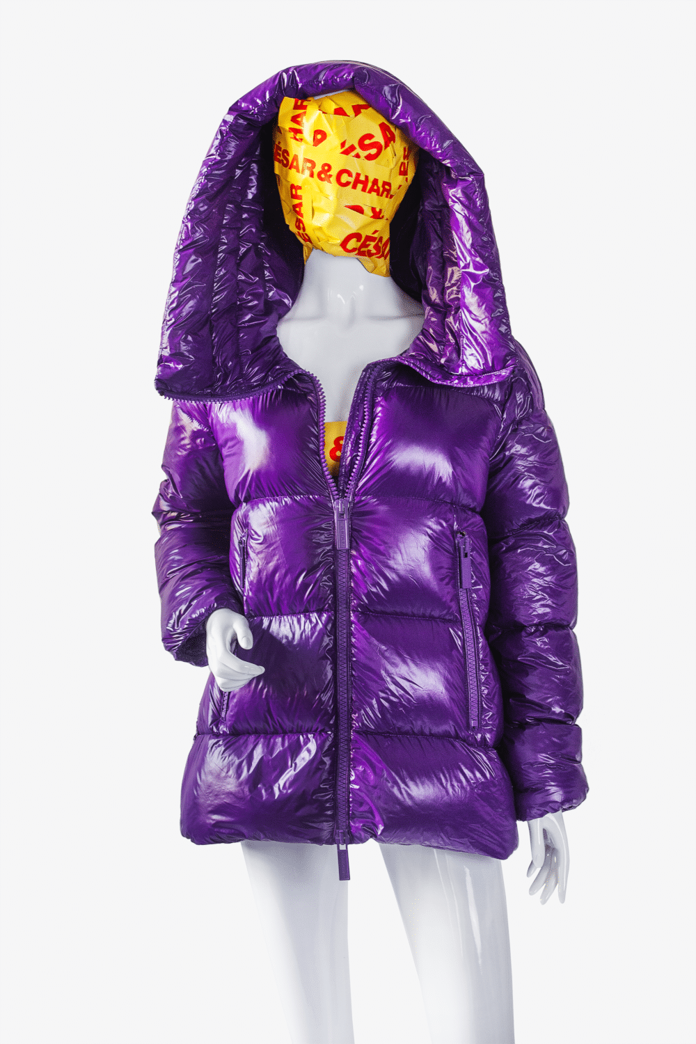 purple puffer jacket